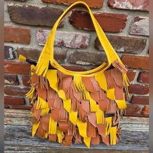 Rare -"Chaos" by Elsie - Brown / Mustard Leather Fringe Hobo Shoulder Bag